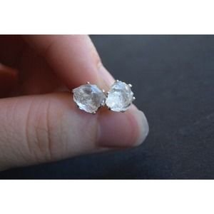 Sterling silver stud earrings, alternative diamond, uncut natural gemsto…